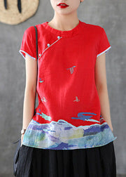 Beautiful Red Embroidered Chinese Button Cotton Tank Short Sleeve