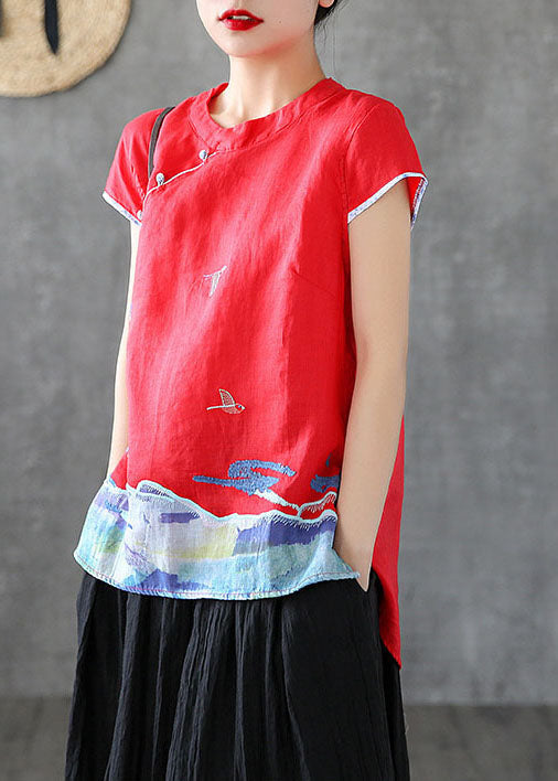 Beautiful Red Embroidered Chinese Button Cotton Tank Short Sleeve