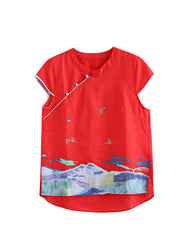 Beautiful Red Embroidered Chinese Button Cotton Tank Short Sleeve