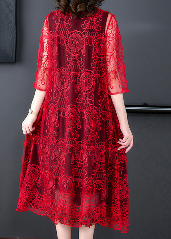 Beautiful Red Floral Hollow Out Solid Tulle Long Coat Half Sleeve