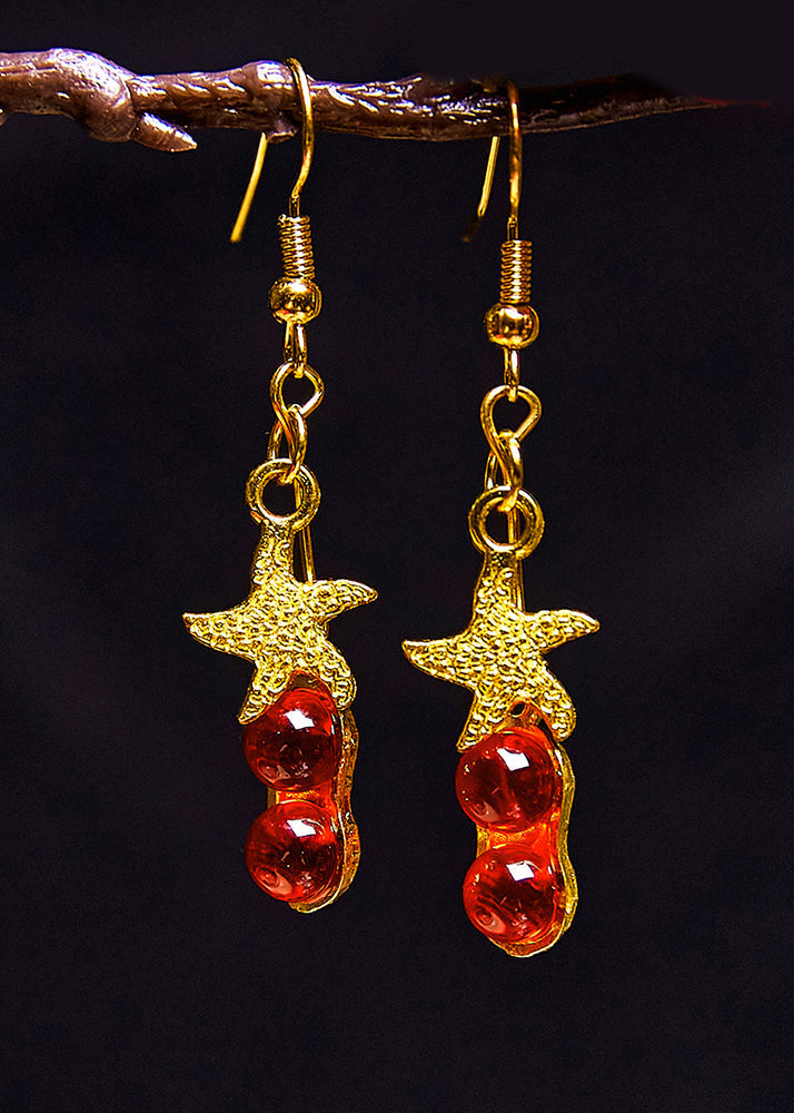 Beautiful Red Gem Stone Starfish 14K Gold Drop Earrings