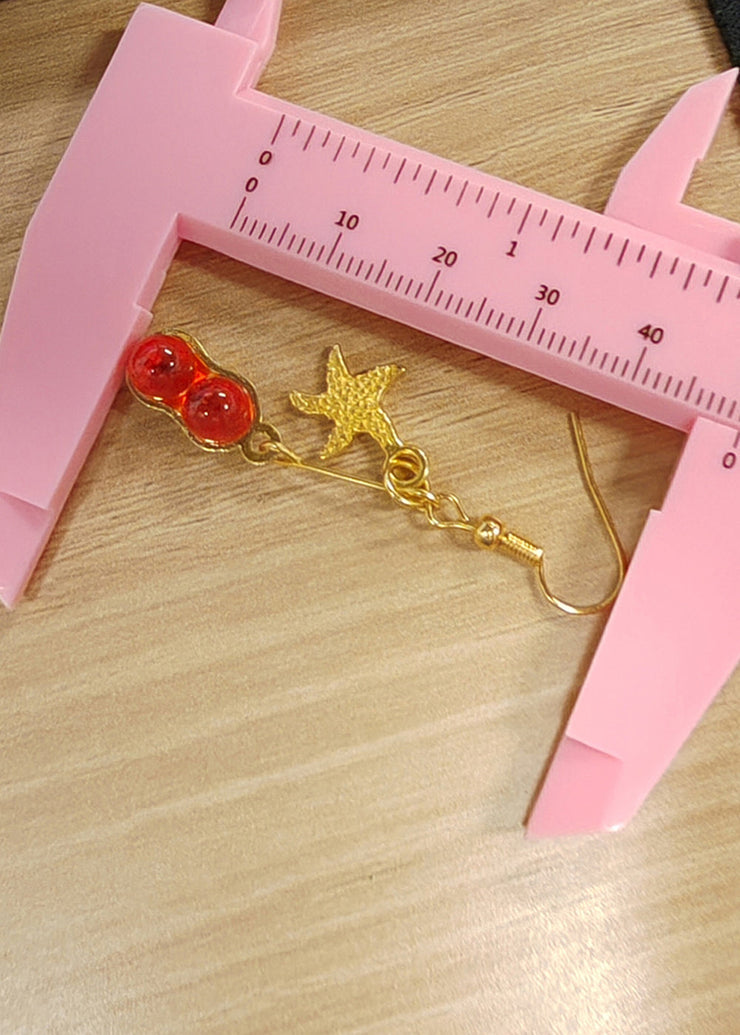 Beautiful Red Gem Stone Starfish 14K Gold Drop Earrings