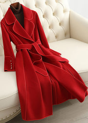 Beautiful Red Notched Tie Waist Woolen Long Coats Fall