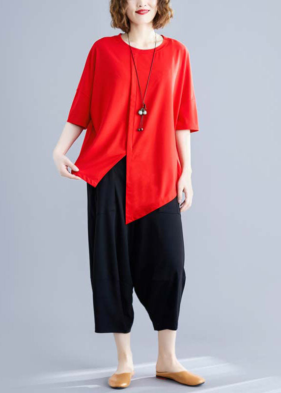 Beautiful Red O-Neck Asymmetrical Patchwork Cotton Two Piece Set Summer