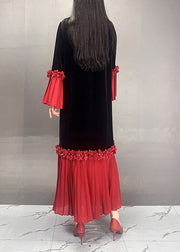 Beautiful Red O Neck Chiffon Patchwork Velvet Dresses Flare Sleeve