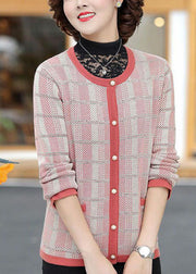 Beautiful Red O-Neck Pockets Plaid Knit Coat Long Sleeve