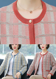 Beautiful Red O-Neck Pockets Plaid Knit Coat Long Sleeve