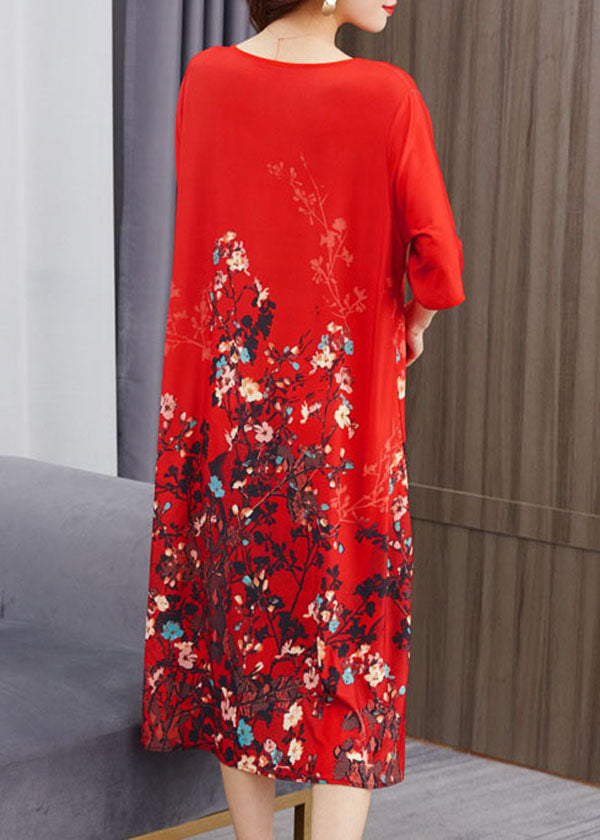 Beautiful Red O Neck Print Chinese Button Patchwork Chiffon Dress Summer