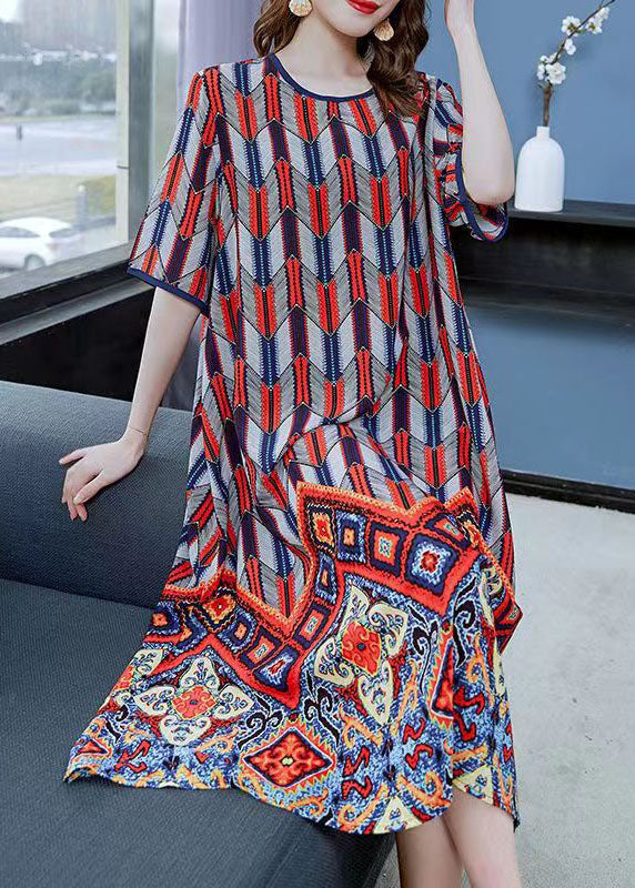 Beautiful Red O Neck Print Patchwork Chiffon Dresses Summer