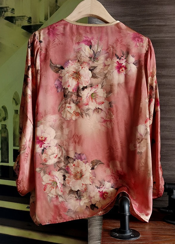 Beautiful Red O Neck Print Silk Tops Lantern Sleeve