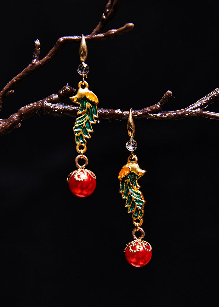 Beautiful Red Pearl Cloisonne Gilding Drop Earrings