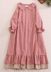 Beautiful Red Plaid Peter Pan Collar Ruffled Cotton Dresses Spring