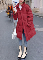 Beautiful Red Pockets Hooded Drawstring Duck Down Coat Winter