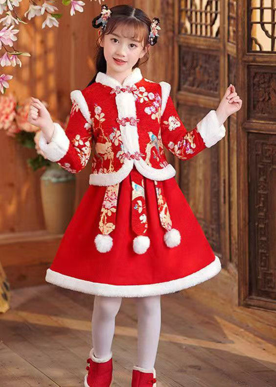 Beautiful Red Print Girls Coats And Skirts Two Pieces Set Long Sleeve