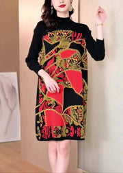 Beautiful Red Print Patchwork Cotton Knit Mid Dress Winter