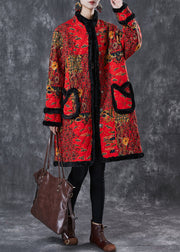 Beautiful Red Print Patchwork Warm Fleece Trench Winter