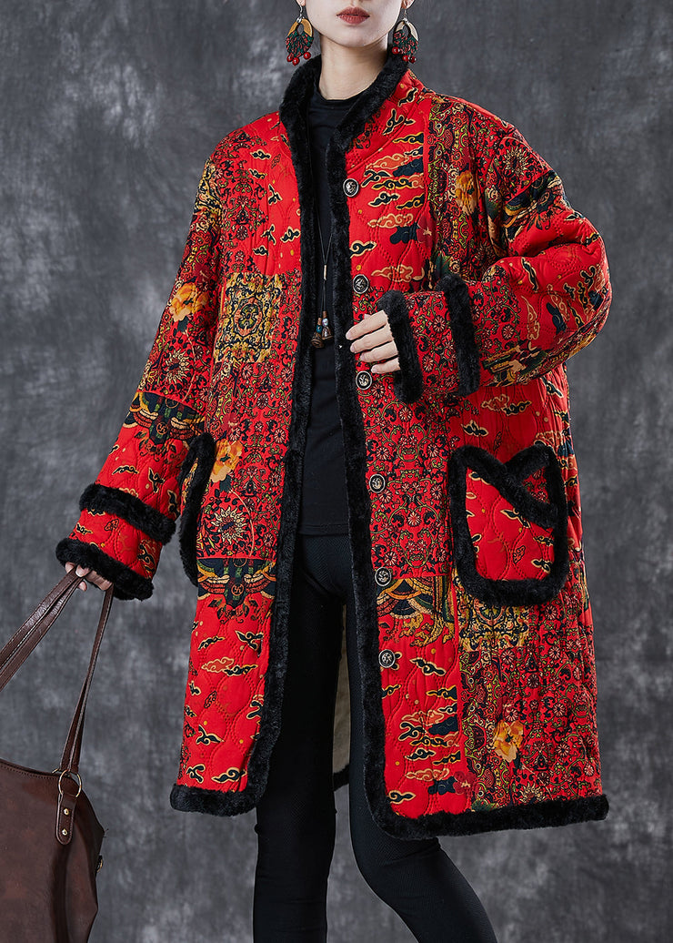 Beautiful Red Print Patchwork Warm Fleece Trench Winter