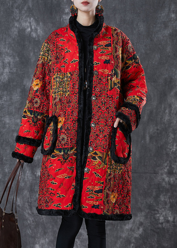 Beautiful Red Print Patchwork Warm Fleece Trench Winter