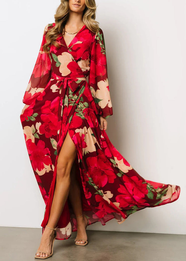 Beautiful Red Print Side Open Cotton Maxi Dresses Fall