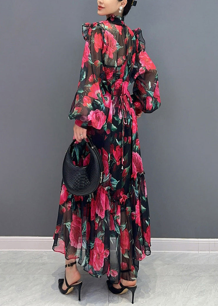 Beautiful Red Tie Lace Print Chiffon Maxi Dresses Fall