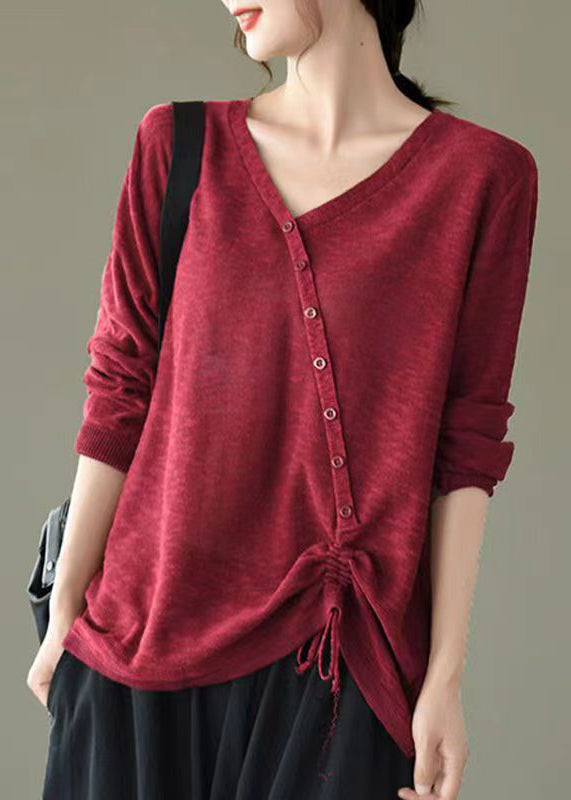 Beautiful Red V Neck Drawstring Patchwork Knitting Top Fall