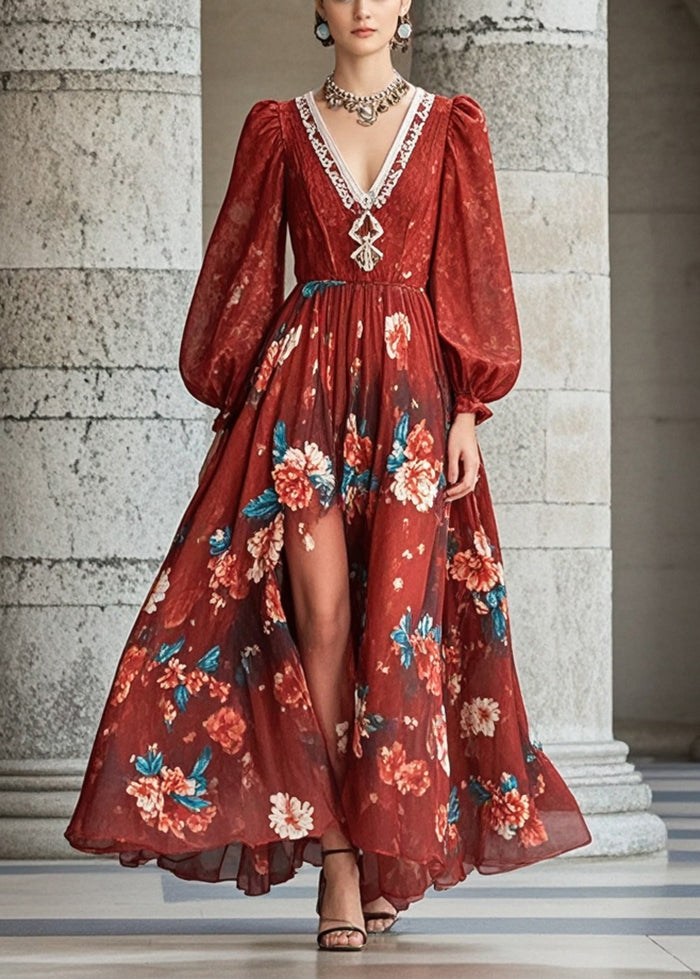 Beautiful Red V Neck Floral Chiffon Dresses Fall