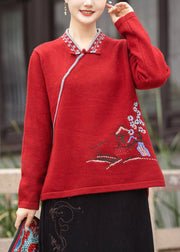 Beautiful Red V Neck Oriental Button Embroideried Knit Tops Winter