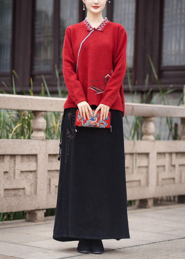 Beautiful Red V Neck Oriental Button Embroideried Knit Tops Winter