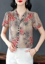 Beautiful Red V Neck Print Chiffon Shirts Summer