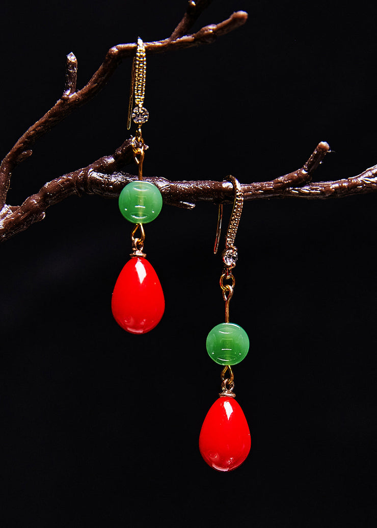 Beautiful Red Water Droplet Coral Fine Jade Drop Earrings