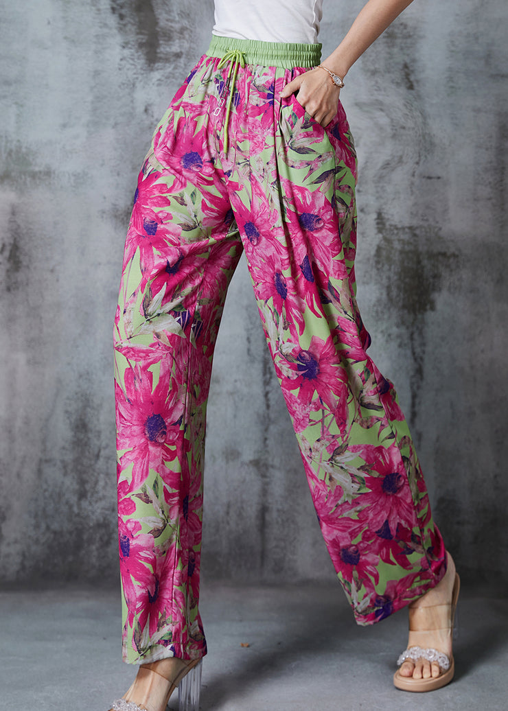 Beautiful Rose Elastic Waist Leaf Print Chiffon Pants Summer