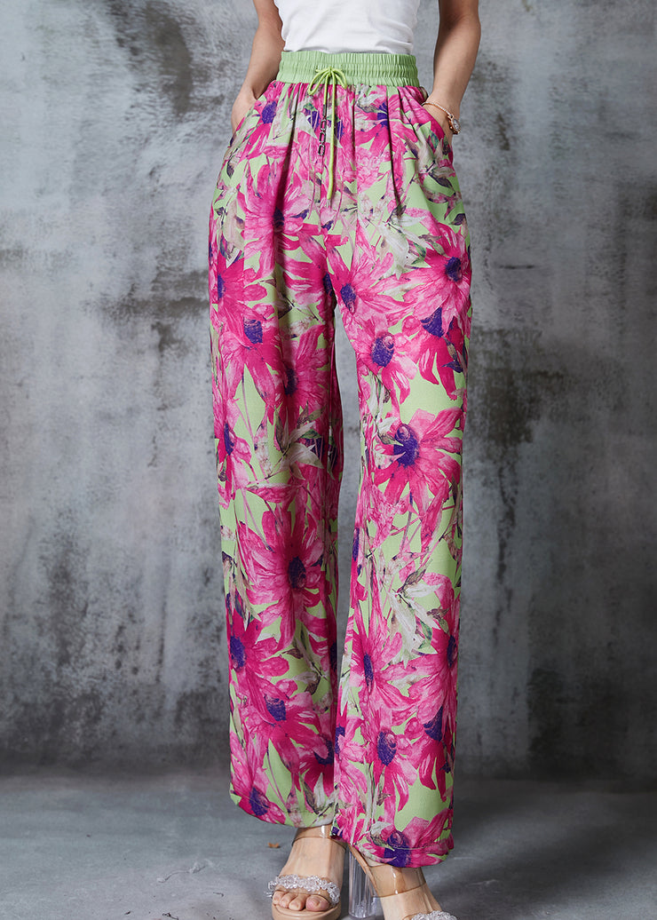 Beautiful Rose Elastic Waist Leaf Print Chiffon Pants Summer