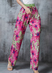 Beautiful Rose Elastic Waist Leaf Print Chiffon Pants Summer