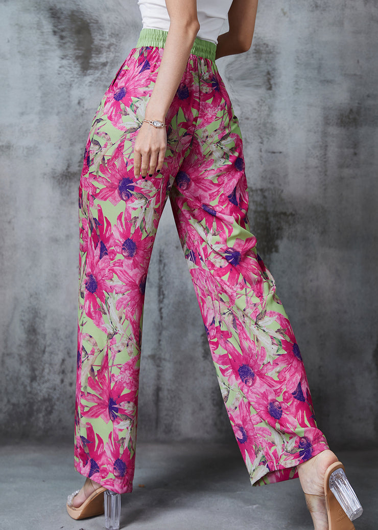 Beautiful Rose Elastic Waist Leaf Print Chiffon Pants Summer