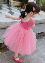 Beautiful Rose Ruffled Patchwork Tulle Kids Girls Off The Back Dress Summer