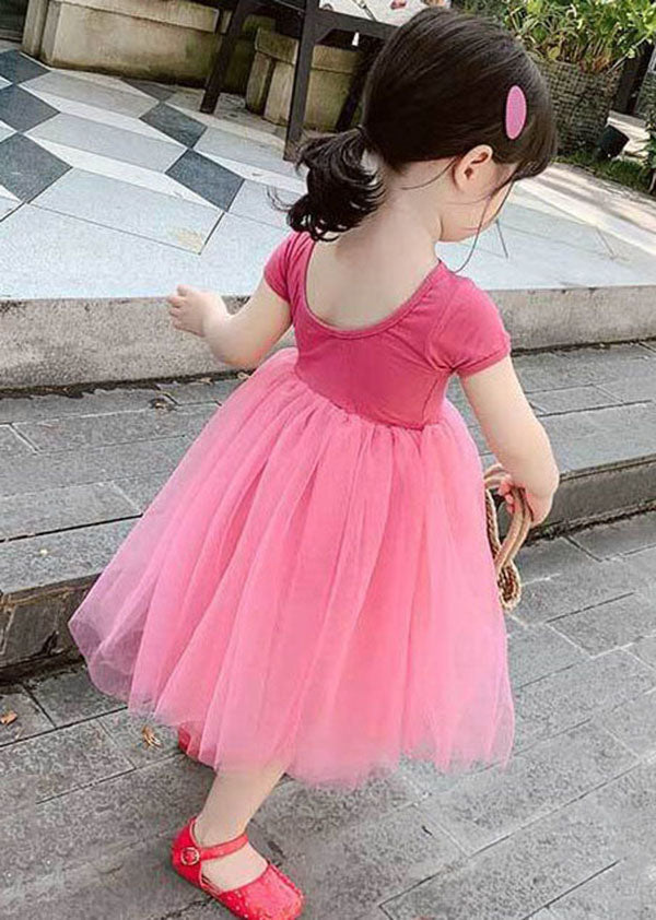 Beautiful Rose Ruffled Patchwork Tulle Kids Girls Off The Back Dress Summer