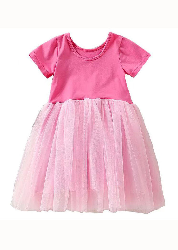 Beautiful Rose Ruffled Patchwork Tulle Kids Girls Off The Back Dress Summer