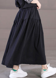 Beautiful Solid Black Elastic Waist Patchwork Cotton Pleated Skirt Summer