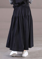 Beautiful Solid Black Elastic Waist Patchwork Cotton Pleated Skirt Summer