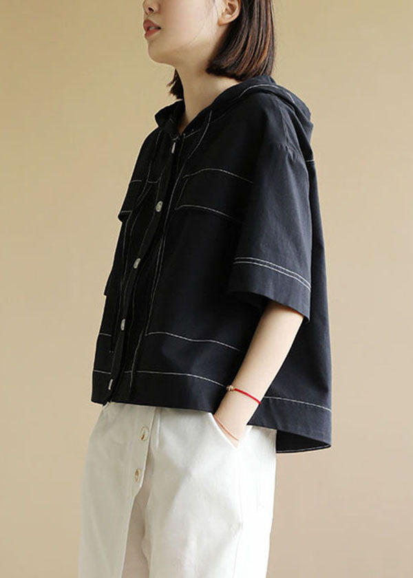 Beautiful Solid Navy Drawstring Hooded Cotton Short Coat Half Sleeve