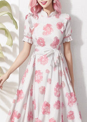 Beautiful Stand Collar Print Tie Waist Silk Dresses Summer