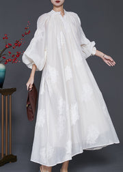 Beautiful Off White Embroidered Silk Maxi Dress Lantern Sleeve