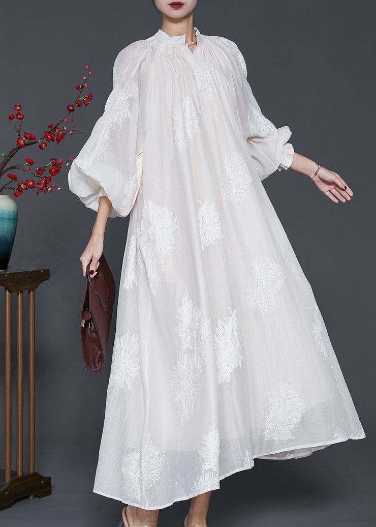 Beautiful Off White Embroidered Silk Maxi Dress Lantern Sleeve