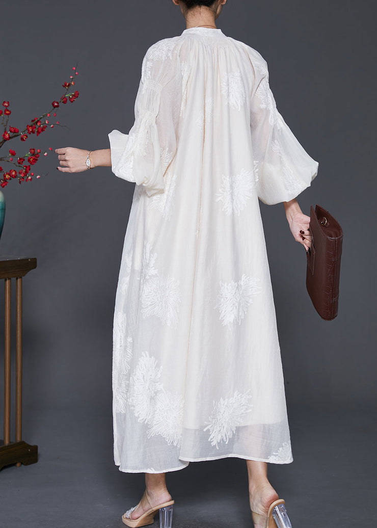 Beautiful Off White Embroidered Silk Maxi Dress Lantern Sleeve