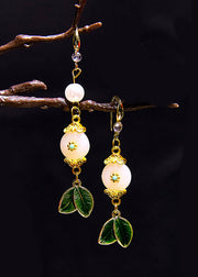 Beautiful White Jade Leaf Metal Drop Earrings 2024 new style