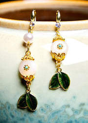 Beautiful White Jade Leaf Metal Drop Earrings 2024 new style