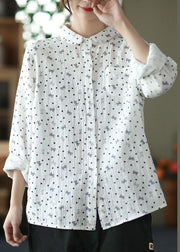 Beautiful White Peter Pan Collar Print Patchwork Cotton Shirts Top Spring