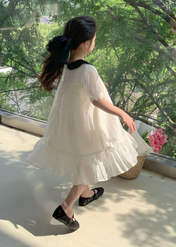 Beautiful White Peter Pan Collar Wrinkled Patchwork Cotton Kids Girls Dress Summer