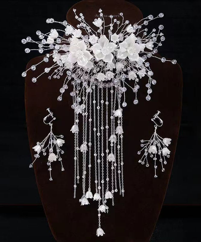 Beautiful White Plastics Patchwork Silk Inlaid Floral Tassel Hairpin