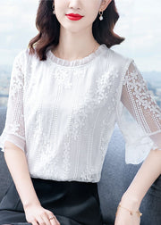 Beautiful White Ruffled Embroideried Patchwork Chiffon Blouse Tops Summer